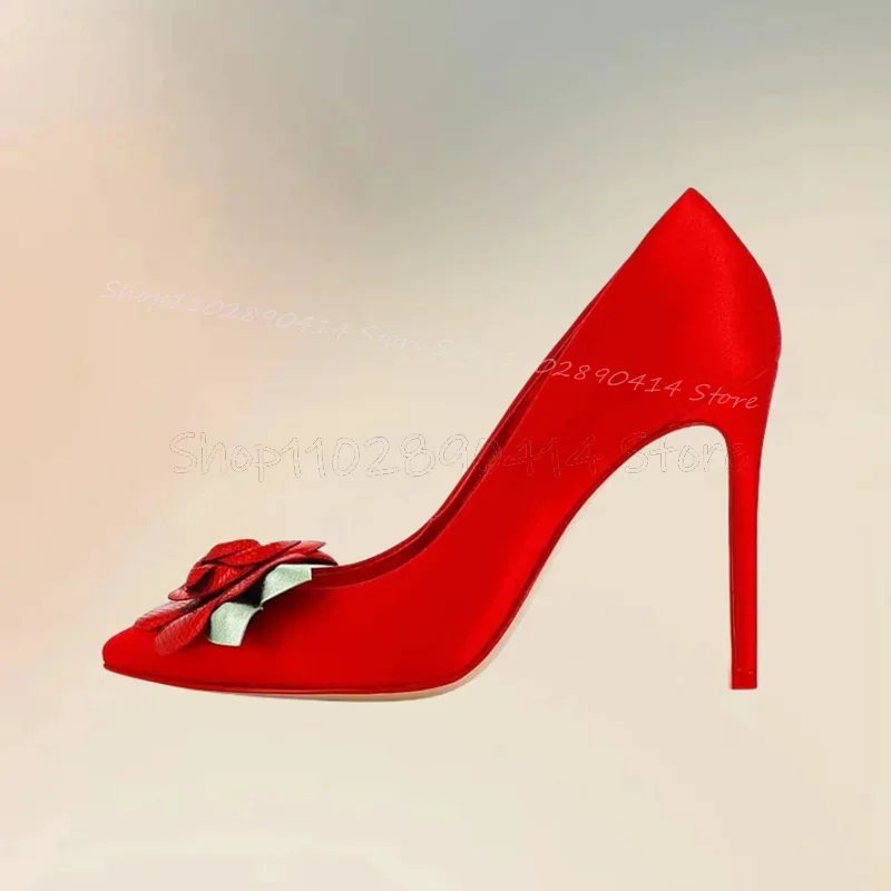 

Red Appliques Decor Pointed Toe Shallow Pumps Slip On Women Shoes Thin High Heels Fashion Party Banquet 2025 Zapatos Para Mujere