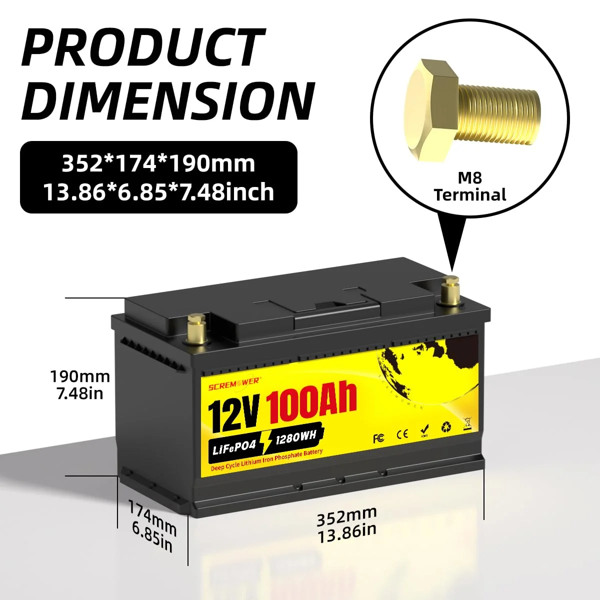 US Stock New 12V 100Ah LiFePO4 Lithium Battery Built-in 100A BMS 1280Wh 6000+ Deep Cycle for RV, Solar, Trolling Motor, Camping