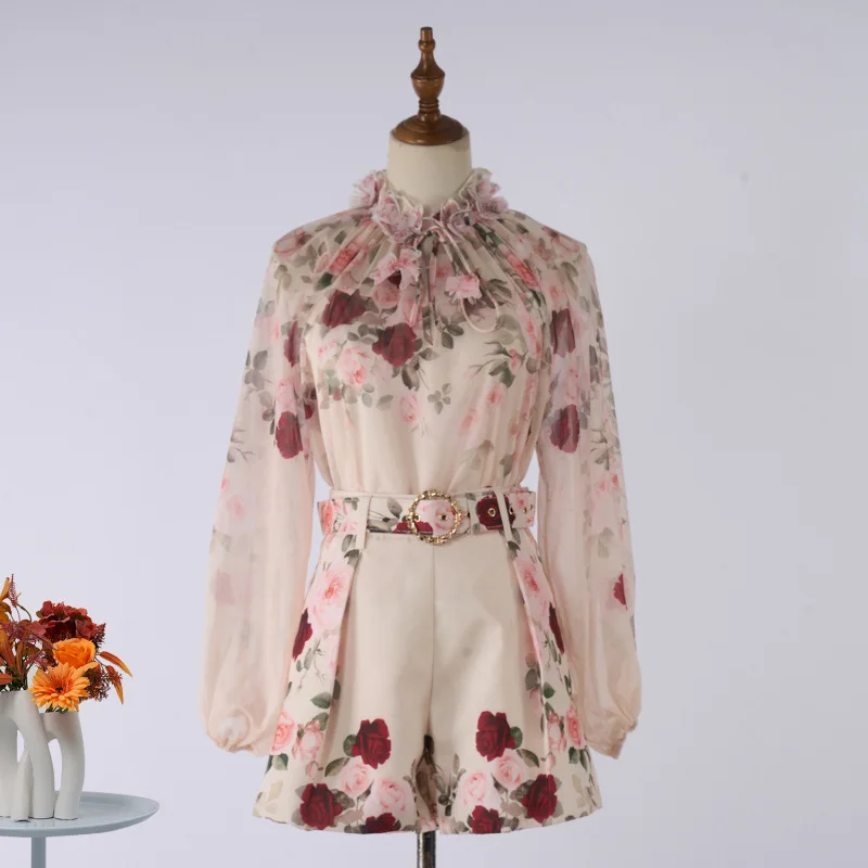 

Ele Spring 2025 New Sle Chiffon Print Top orts Set with Strap High Waist Street Sle Long Sve Thiened Fabric