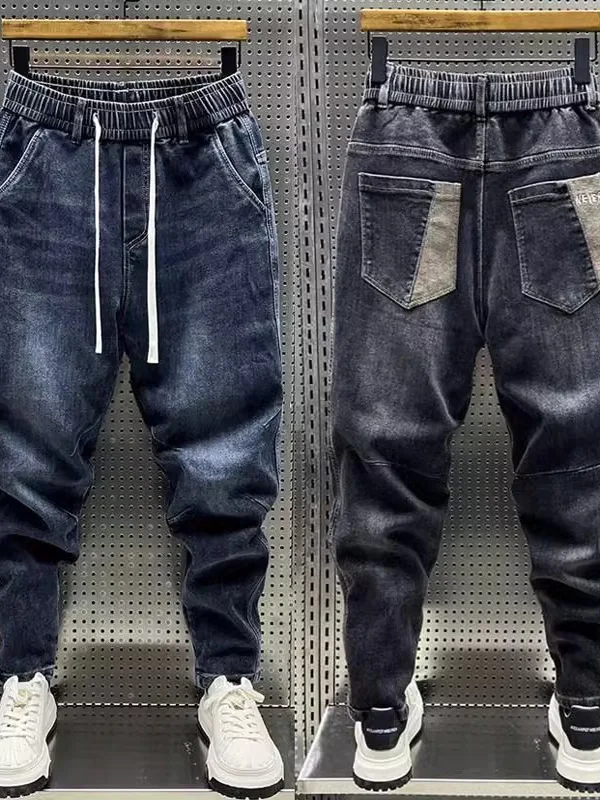 

Джинсы-харланы унисекс больших размеров (до 300 фунтов), с эластичным поясом, утягивающие, летние, новые, универсальные, облегающие