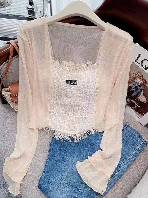 

Pink Short Thin Women's Open Cardigan Summer New Style Fairy Sun Protection Clothing Air Conditioner Shirt Lightweight Shawl