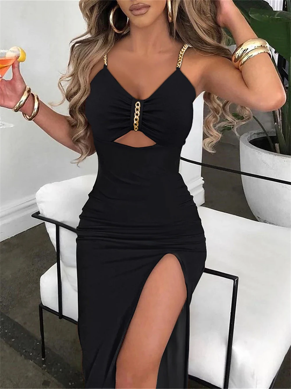 

Women Fashion Black Slit Chain Hollow Out Wrapped Hip Sleeveless V-neck Dress Ladies Sexy Nightclub Party Bodycon Sling Vestidos