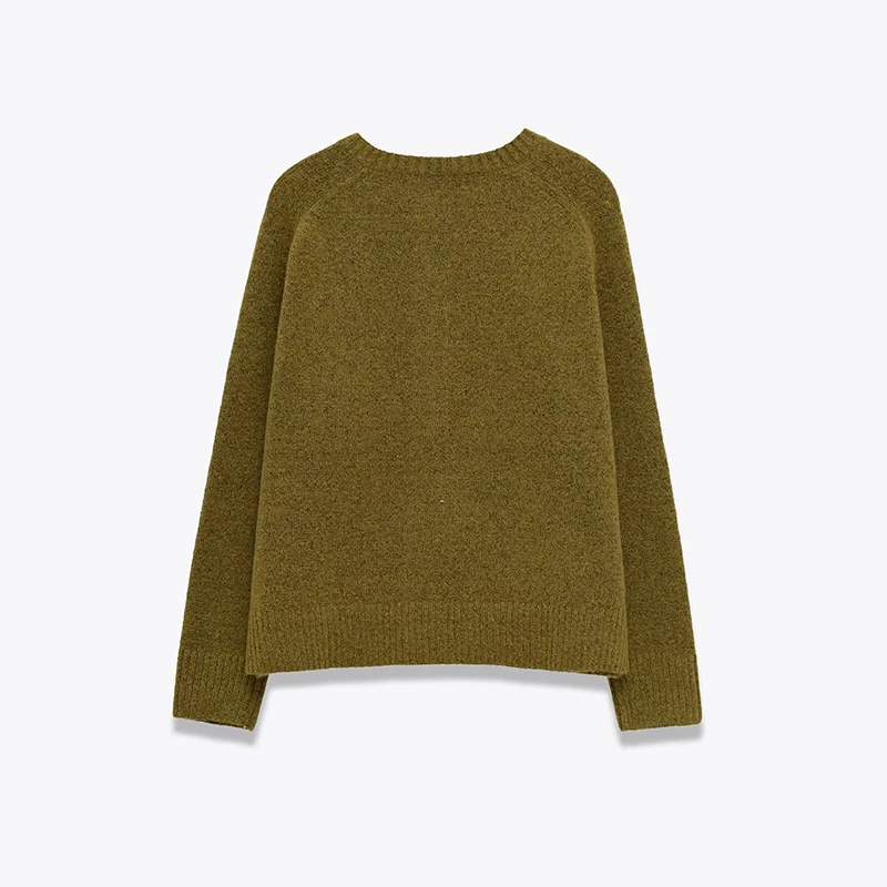 New Women Long Sleeve Round Neck Mid-Green Knit Sweater Casual Loose Spring Autumn Pullovers Chic Lady Tops view 2