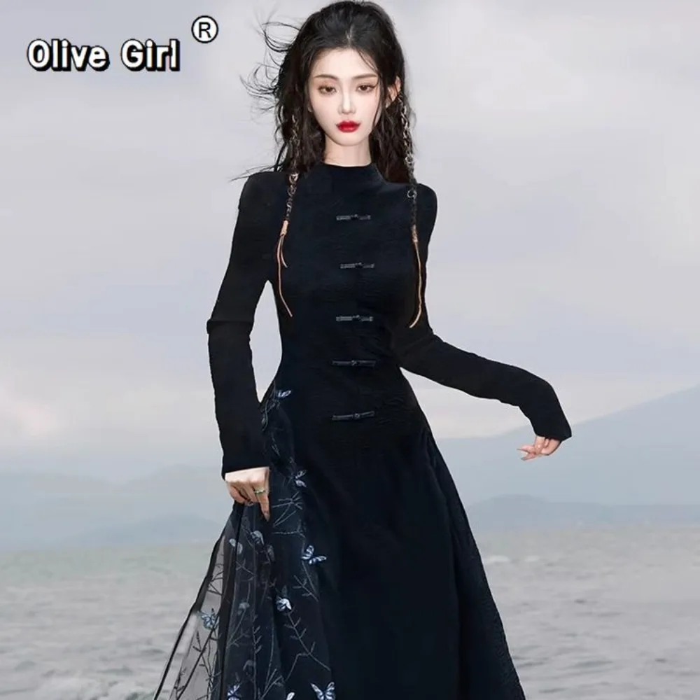 

Китайское платье Cheongsam, традиционная одежда, элегантное осенне-зимнее женское черное длинное платье Ципао в стиле ретро с 3D бабочкой, элитное