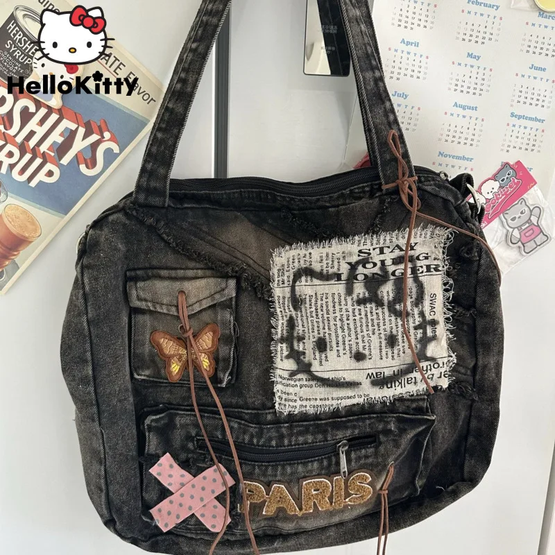 Sanrio Hello Kitty Y2K Cute Cool Spicy Girl Backpack Large Capacity Antique Denim Crossbody Bag Korean Style New Fashion Handbag