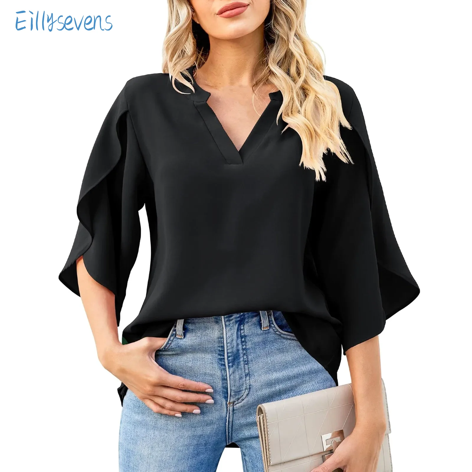 Camisas de gasa con manga de pétalos para mujer, camisas elegantes de moda, Tops sueltos con cuello en V, camisas de Color sólido, viaje diario, verano, nuevo