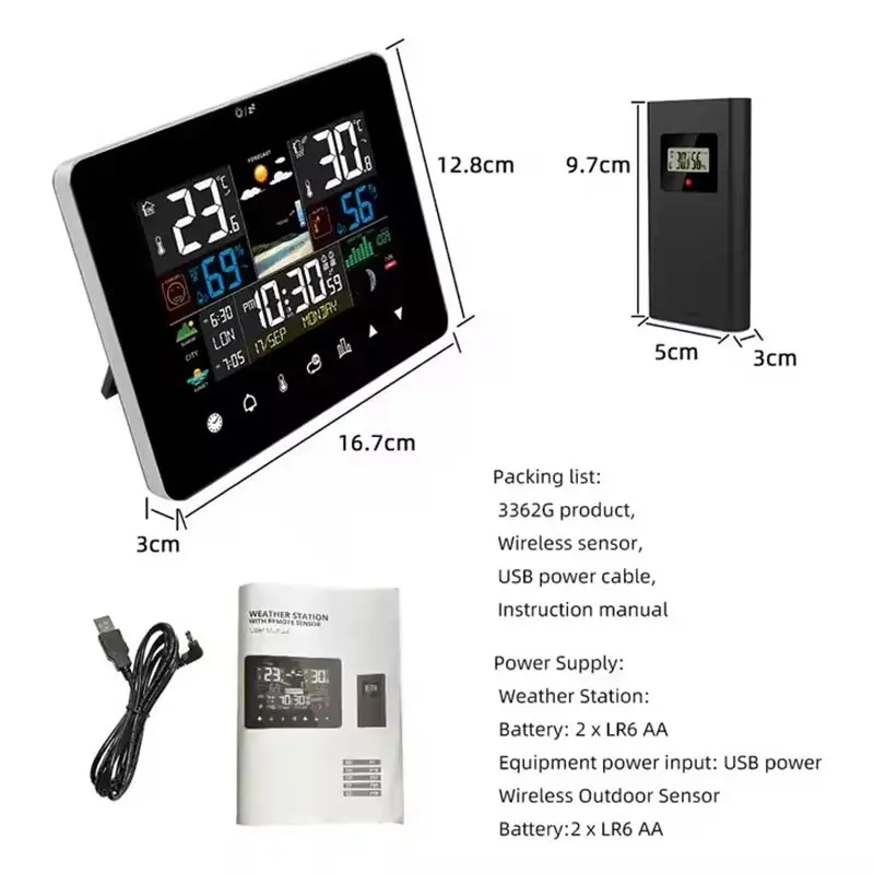 Touch screen weather station digital indoor and outdoor meter with temperature and humidity sensor