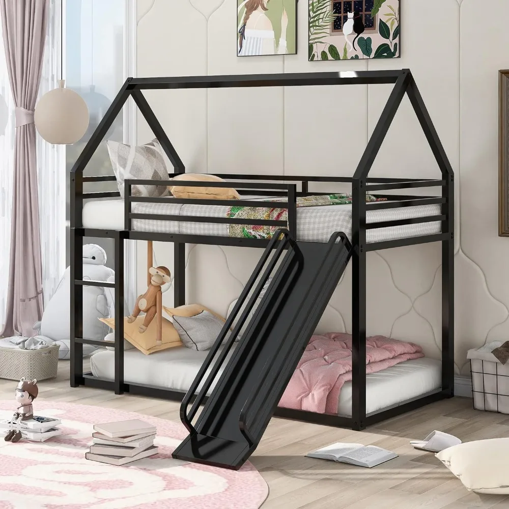 

Merax Modern Twin Over Twin Heavy Steel Low Bunk Bed with Ladder and Slide House Shaped Bunk Bed Frame for Kids Boys Girls