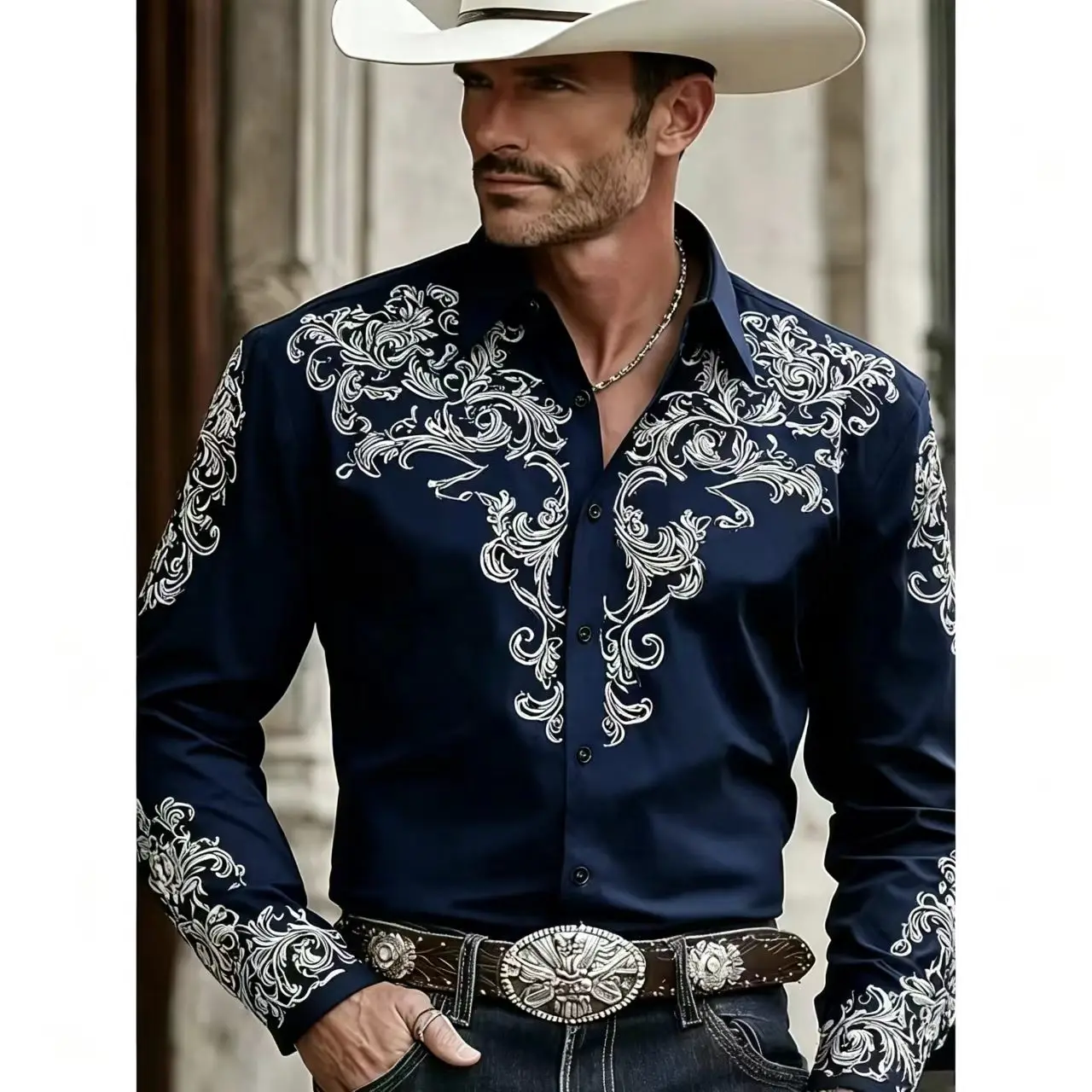 Men's Retro 3D Printed Western Denim Shirt  Long Sleeved Shirt  Urban Fashion  Classic Shirt  men's 2027 New Shirt  Size