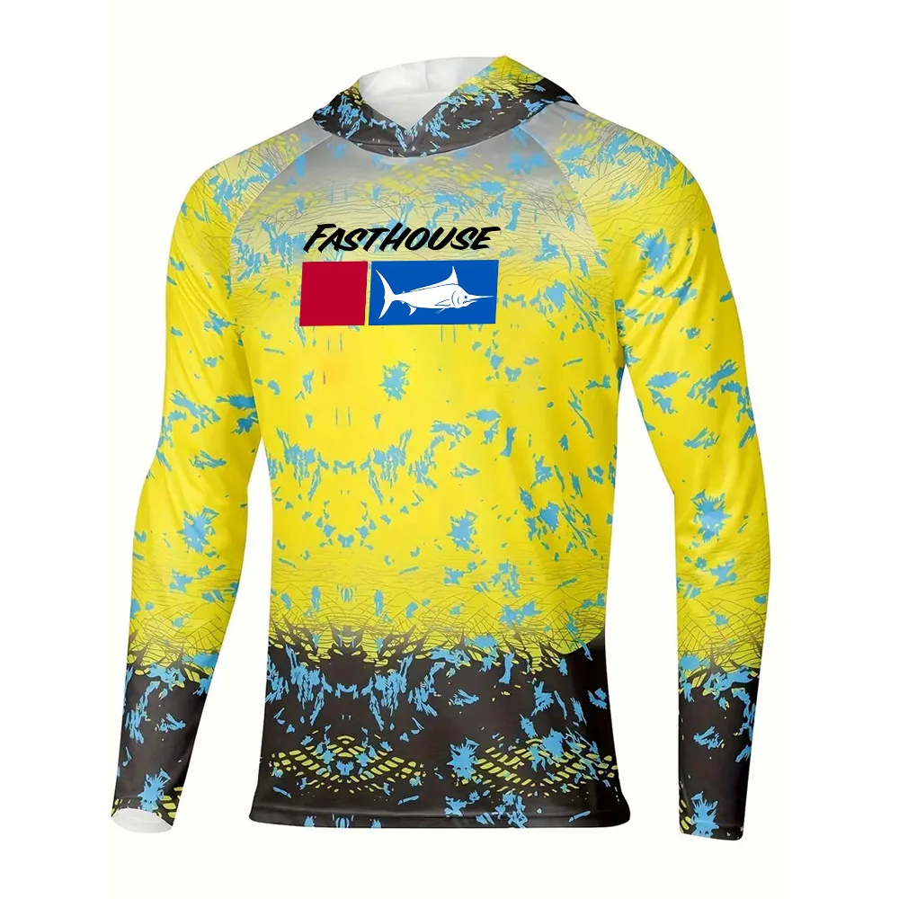 UPF 50+ Men's Fishing Shirt Hooded Long Sleeve Sunblock Outdoor Camouflage Moisture Wicking Jersey Fishing Apparel Tops