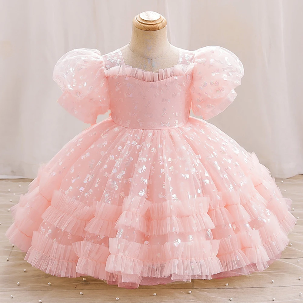 Baby Girl Party Dress Butterfly Sequin Fluffy Mesh Child Kids Clothing Toddler 1st Birthday Baptism Gown Flower Bridesmaid Dress