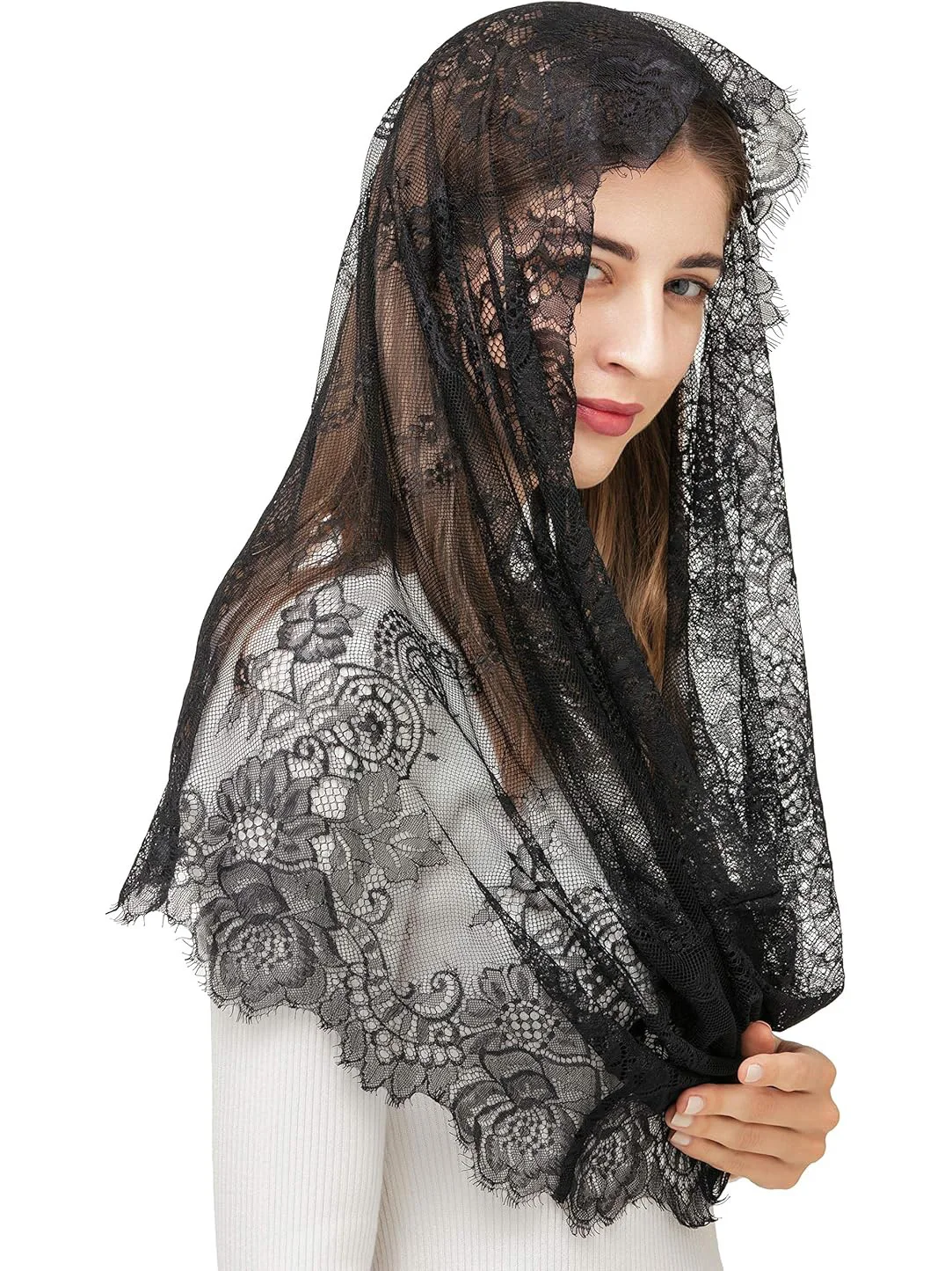 Black Lace Veil Spanish Style Lace Traditional Vintage Inspired Infinity Shape Mantilla Veil Latin Mass Head Covering