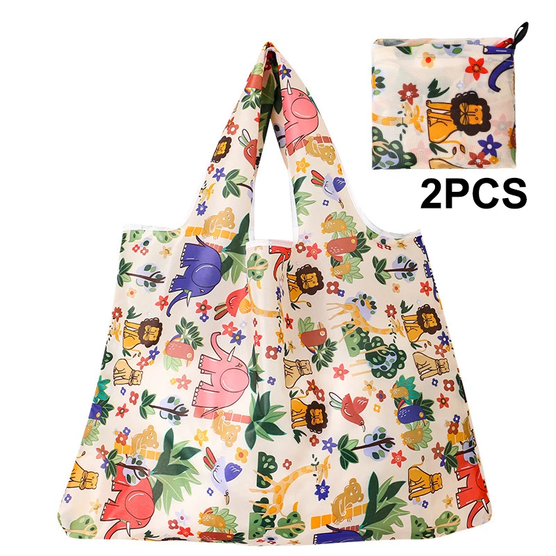 

2Pcs Reusable Grocery Bags Large Washable Shopping Bags Portable Foldable Environment-Friendly Nylon Heavy-Duty Pocket Handbags