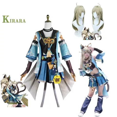 Genshin-Disfraz de Kirara de impacto para mujer, traje con orejas y cola, peluca, tema de juego de fiesta de Carnaval y Halloween