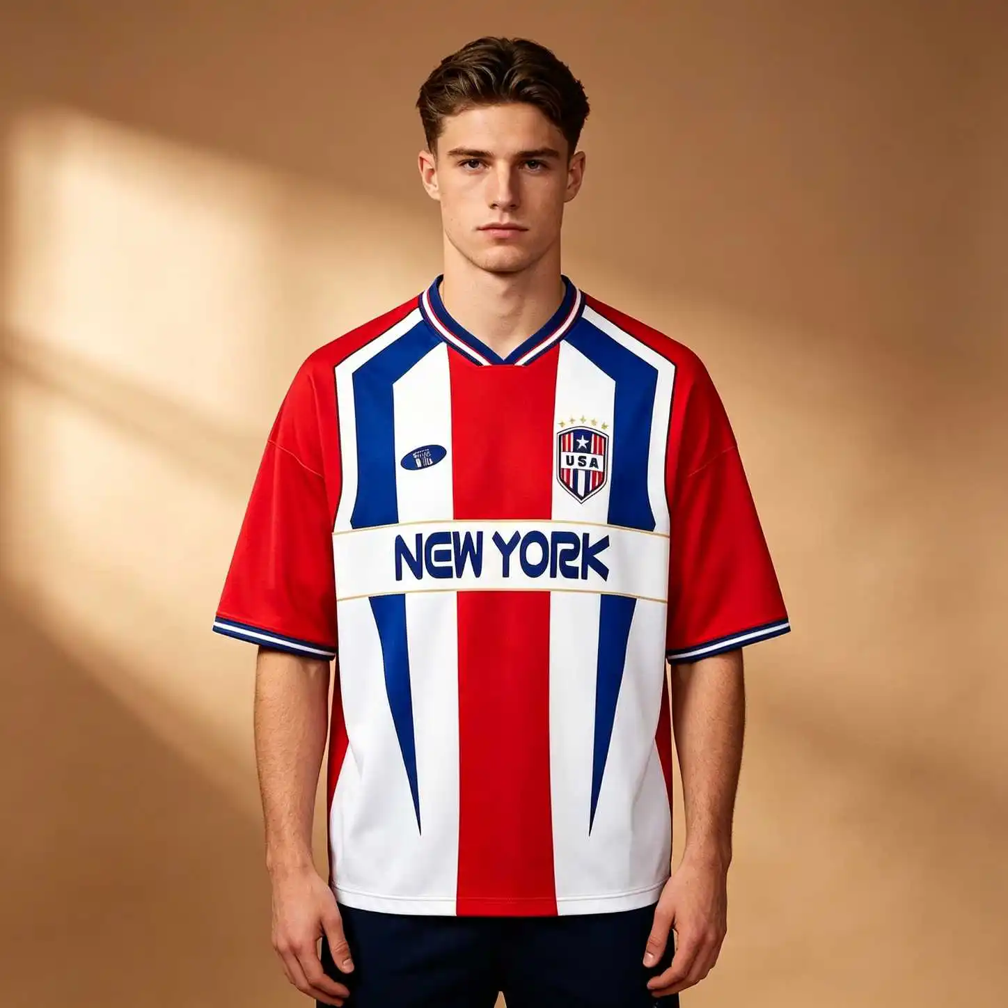 Summer Vintage Soccer Men New York USA Stripe Print Oversized V Neck Elbow Sleeve Tee, Streetwear Casual Loose Tops