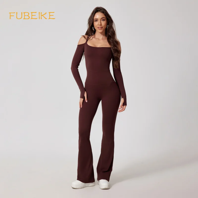 

FUBEIKE New Yoga Jumpsuit For Sports Back Beauty Back Brown Seamless Double-Shoulder Strap Tights Sexy One-Piece Bodysuit