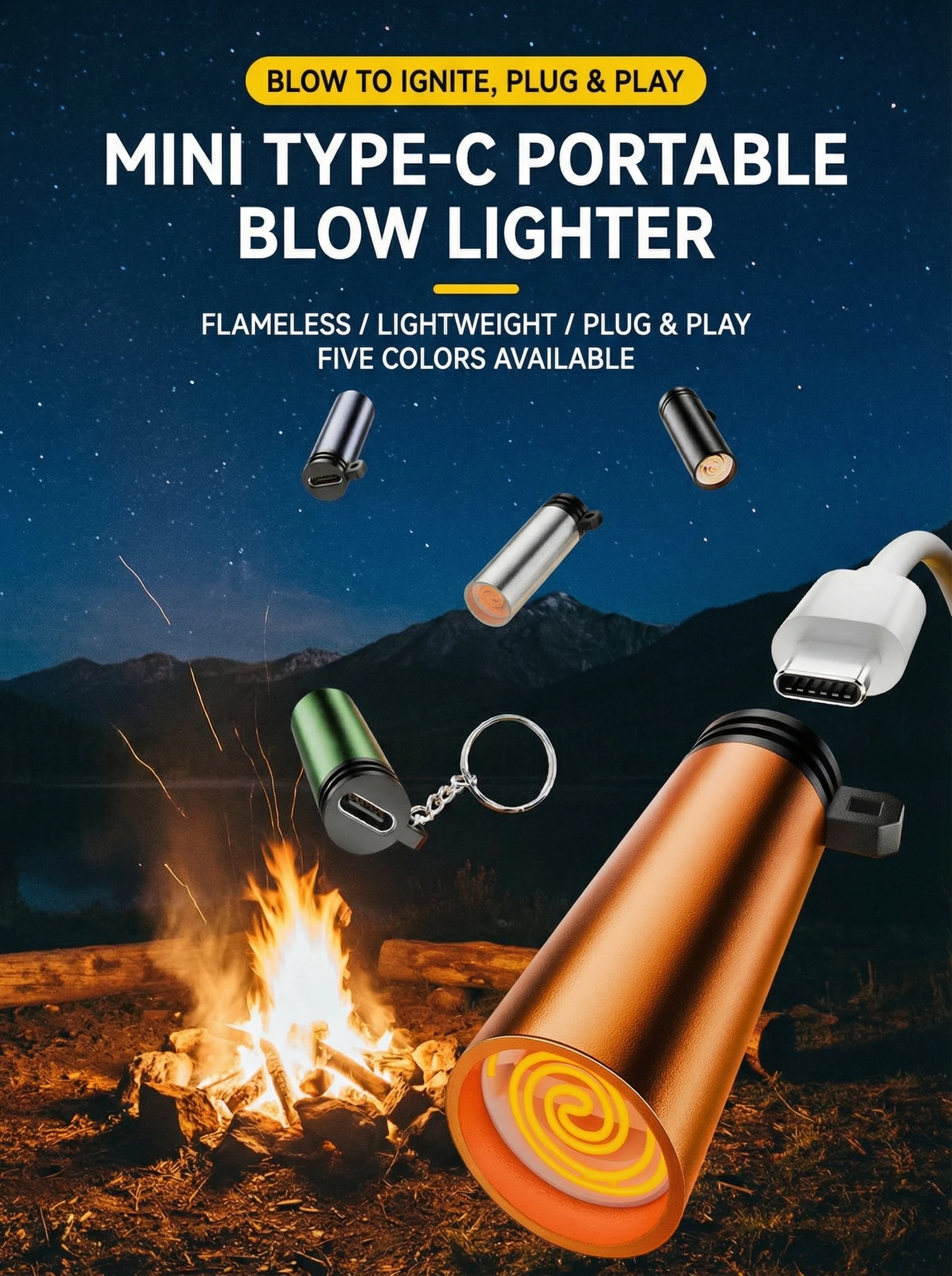 Portable Mini Female Type-C Mobile Cigarette Lighter Outdoor Safety Air Blowing Lighter Compact Cigarette Lighting Device
