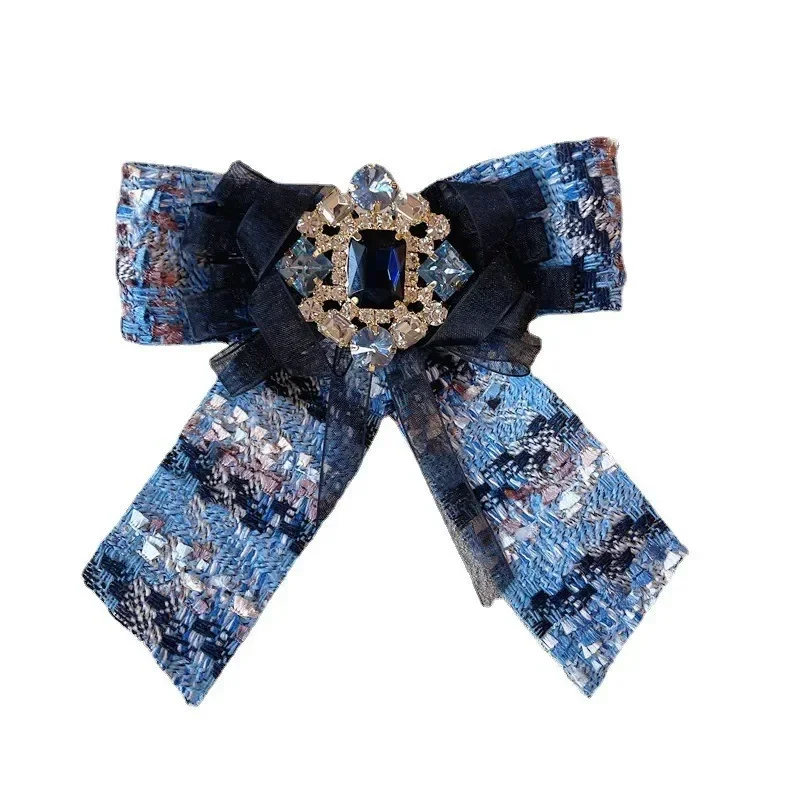 Korean Fabric Lace Bowtie Brooches for Women Rhinestone Crystal Brooch Fashion School Student Shirt Collar Pins Accessories