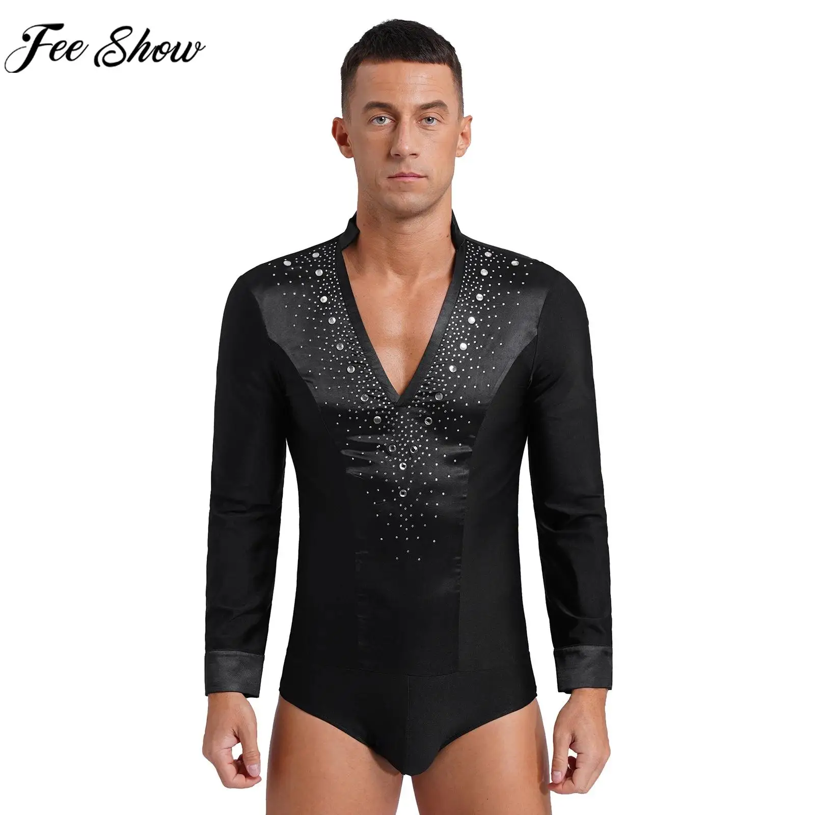 Men Long Sleeve Rhinestones Dance Leotard Figure Skating Ballet Gymnastics Acrobatics Latin Samba Rumba Tango Bodysuit Dancewear