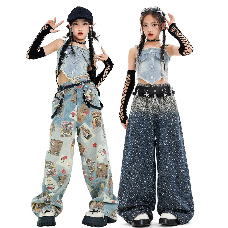 

New Girls Hip Hop Cool Crop Tank Top Graffiti Loose Jeans Fashion Leopard Print Pants Street Dance Clothes Sets Stage Costumes