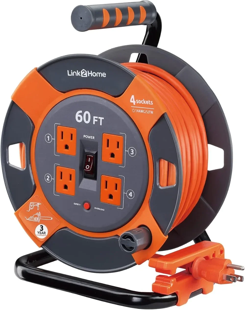 Cord Reel 60 Ft. Extension Cord 4 Power Outlets Heavy Duty High Visibility Power Cord Compact and Easy To Carry