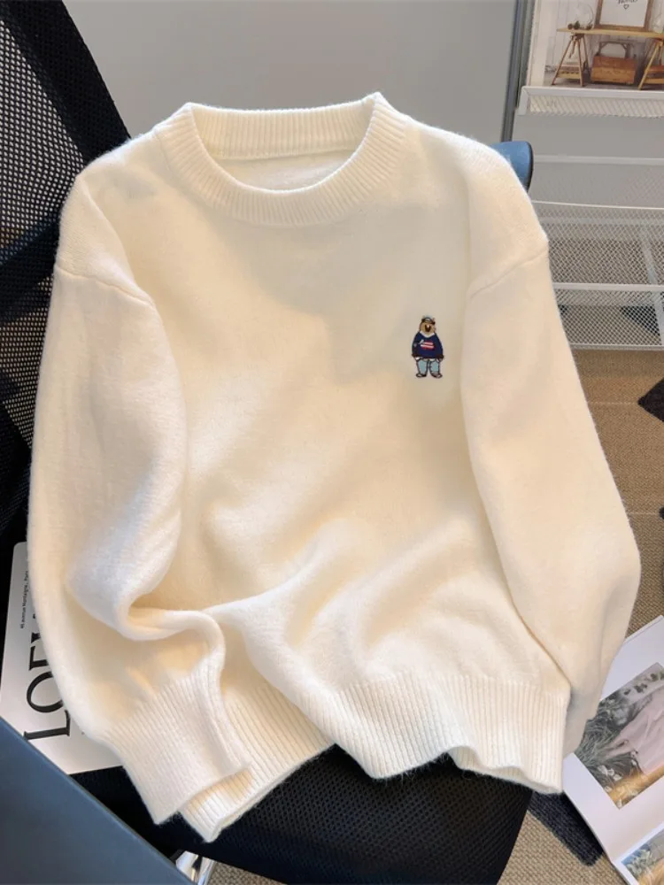 

Ele свитер с вышивкой медведя, женский вязаный топ Lazy Sle, весна-осень, удобный теплый длинный круглый пуловер Sve Ne