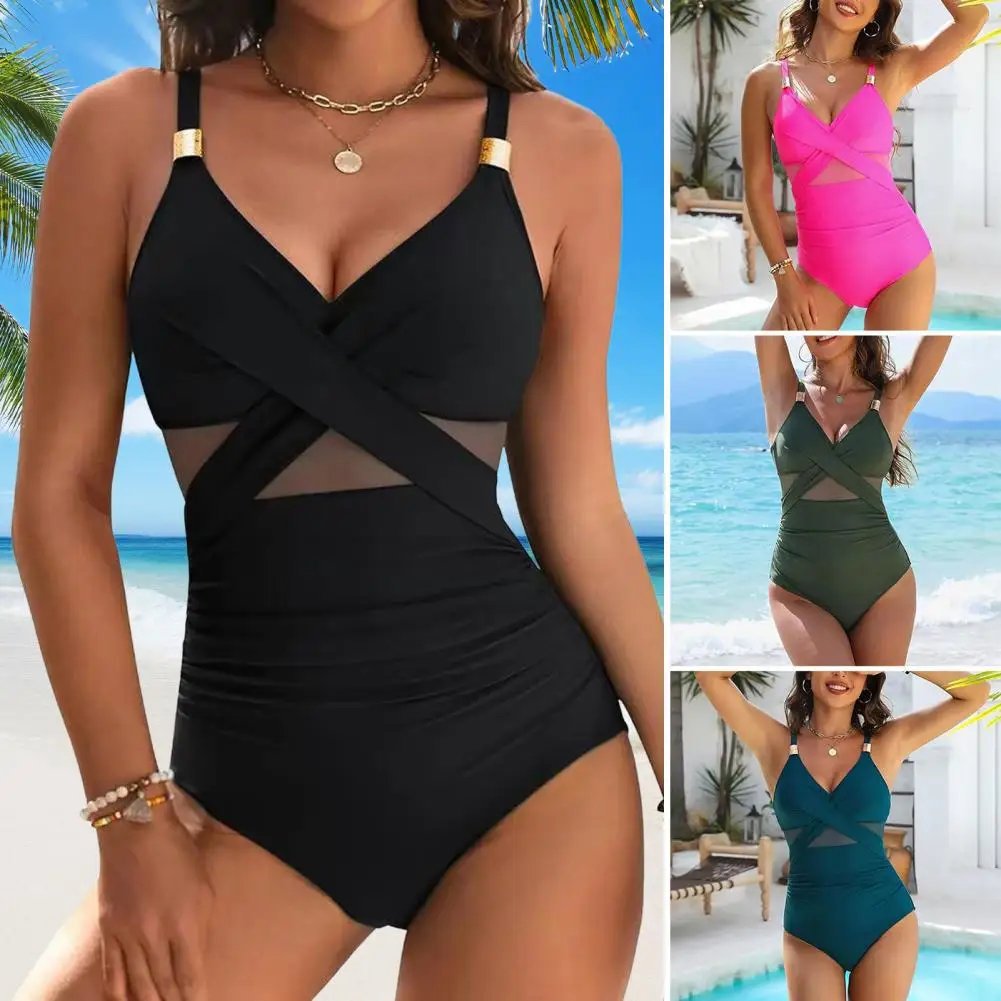 Traje de baño con cierre de vientre, Monokini elegante para mujer, trajes de baño de una pieza con Control de barriga, empalme de malla de cobertura completa para adelgazar