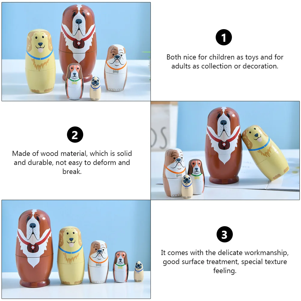 5 Pcs Animal Nesting Dolls Matryoshka Toys Birthday Gift Wooden Russian Stacking