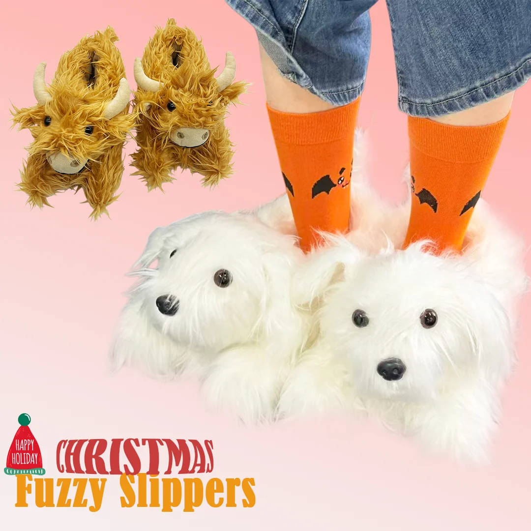 New Christmas Highland Cow Plush Slippers Kawaii Cartoon Dog Stuffed Shoes Indoor Animals Shoe Christmas Birthday Gifts