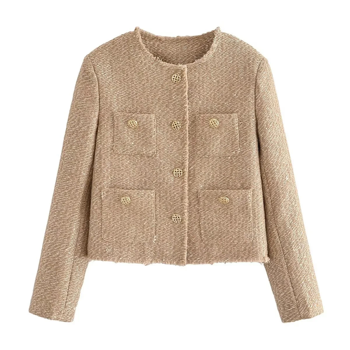 

Retro Tweed Coat Women Cropped Jacket Autumn Winter O-neck Chic Outerwear Single-breasted Long Sleeve Office Ladies Casual Coat