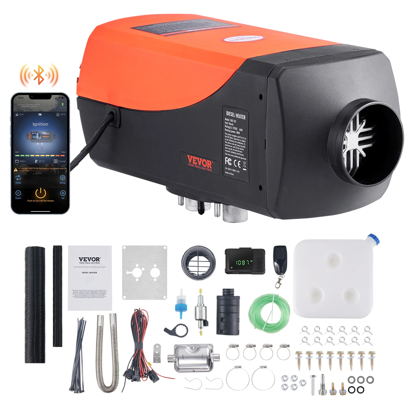 VEVOR Diesel Air Heater w/Bluetooth App Control, 12V 8KW Diesel Heater w/Remote Control & LCD, Parking Heater for RV Trailer