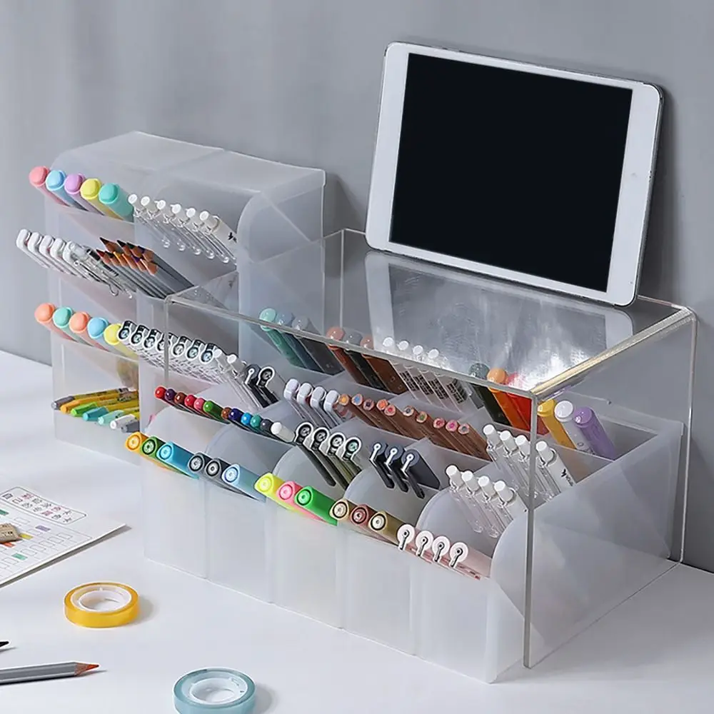 Transparent Frosted Oblique Insertion Pen Holder Simpl Desktop Organizer Multifunctional Stationery Makeup Brush Storage Bucket