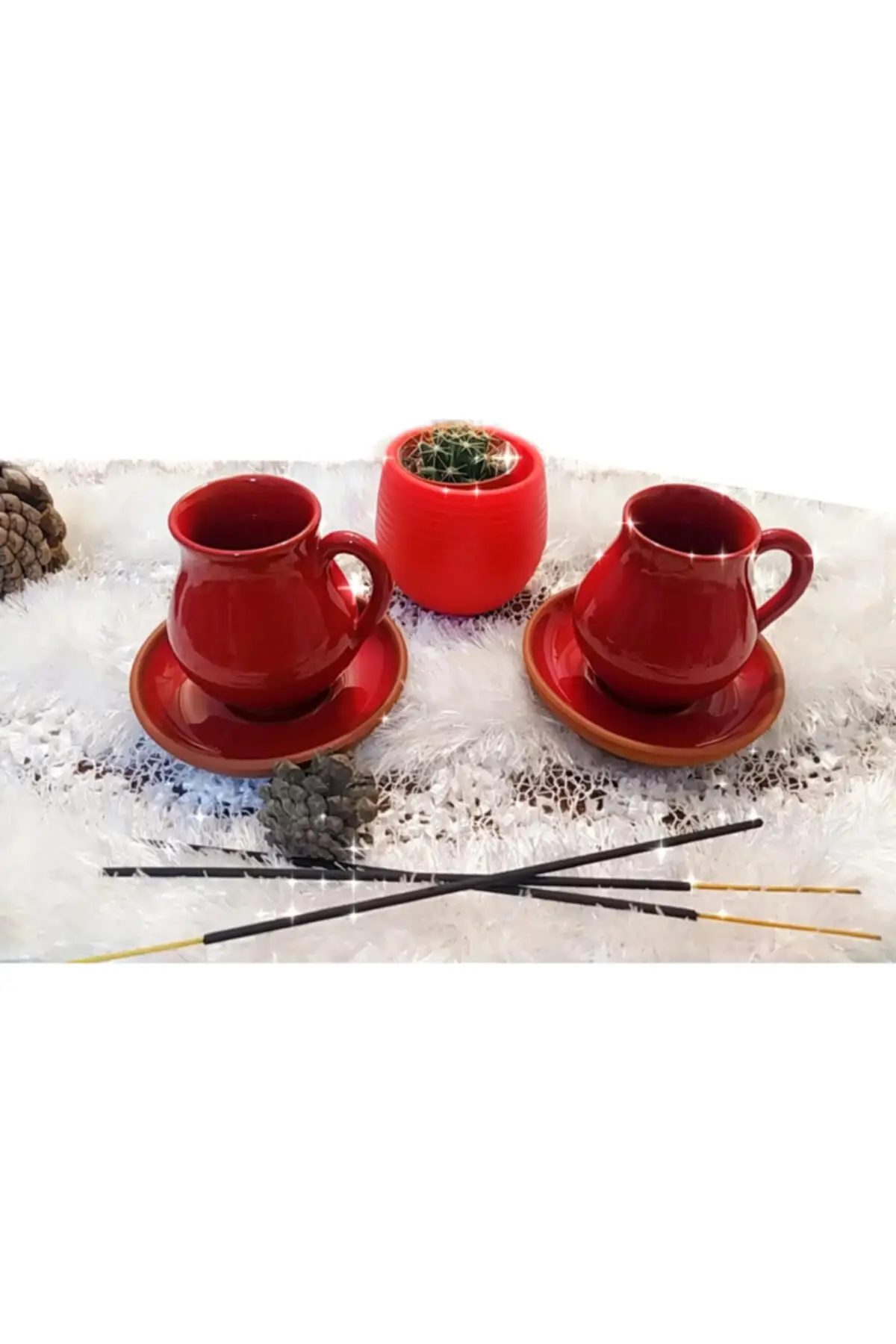 Handmade Double Red Coffee Cup Set, Espresso, Turkish Coffee, Filter Coffee Glass Incense Cactus Pot Pottery Gift Set