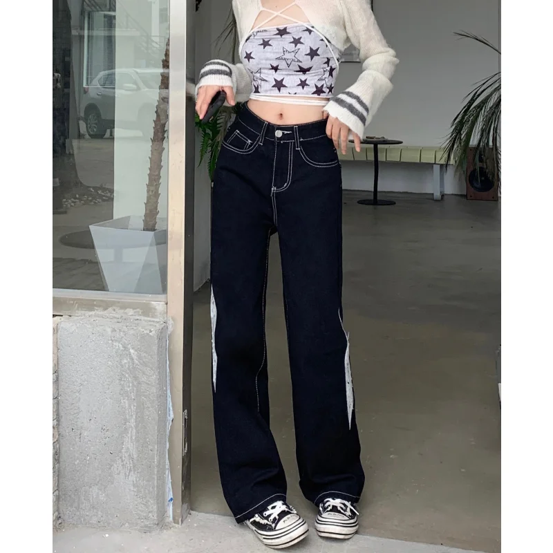 Frauen schwarze Jeans Vintage hoch taillierte amerikanische Hose mit weitem Bein Mode y2k Stil gerade neue Sommer weibliche Jeans hose