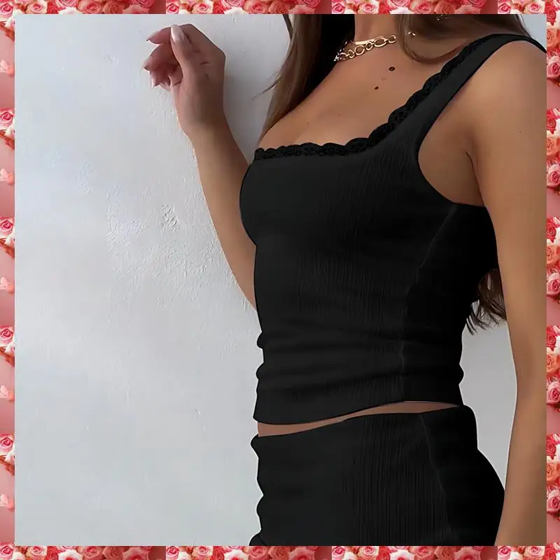 Canotte estive Y2k da donna con scollo quadrato e finiture in pizzo