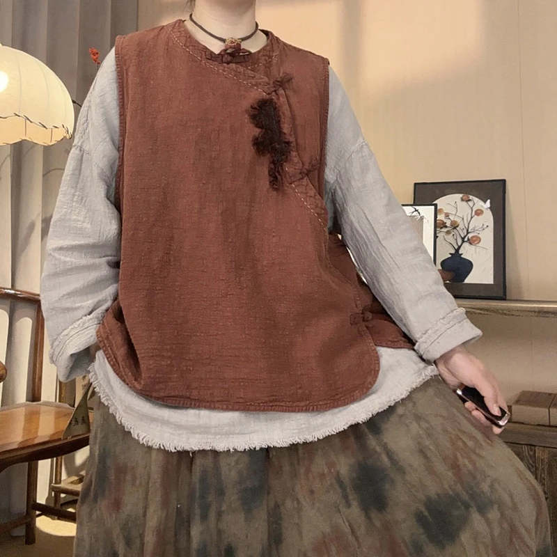 

2026 New Arrival Spring & Autumn Women Loose Casual Long Sleeve O-neck Vest Single Breasted Cotton Linen Outerwear & Coats Y129