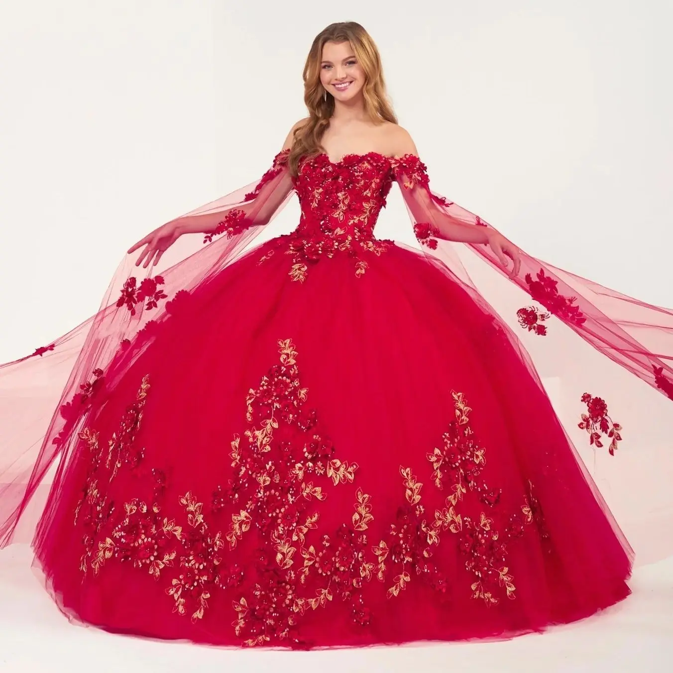 Red Charro Quinceanera Vestidos Vestido De Baile Fora Do Ombro Tule Apliques Puffy Mexicano Doce 16 Vestidos 15 Anos