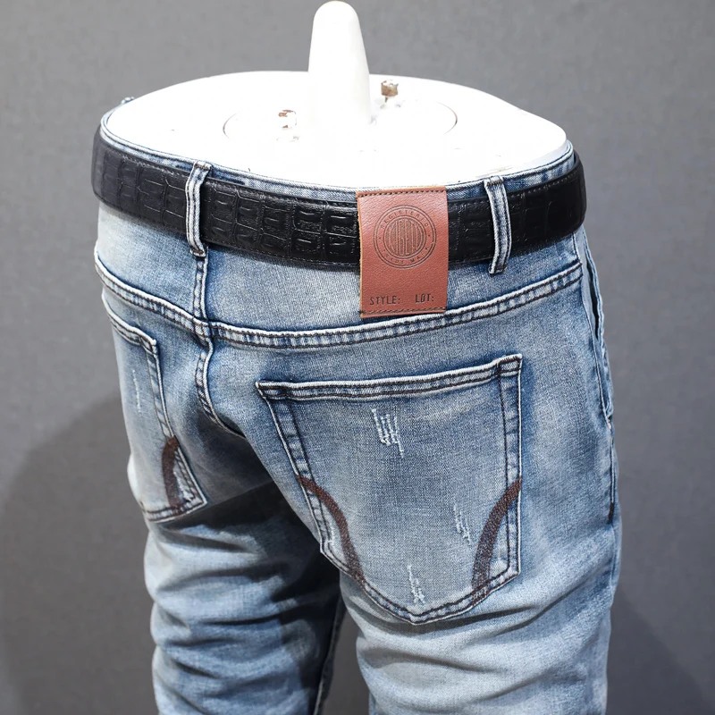 Fashion Vintage Men Jeans High Quality Retro Light Blue Elastic Slim Fit Ripped Jeans Men Embroidery Designer Denim Pants Hombre