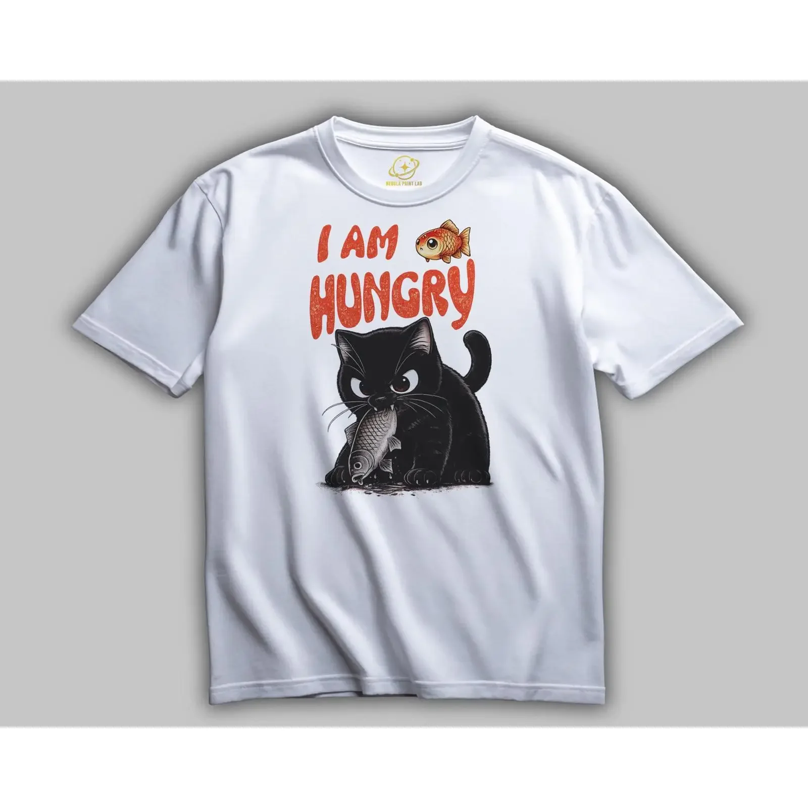 Funny I Am Hungry Black Cat with Fish T Shirt Cute Lover Goldfish Animal Print Vintage Casual vintage Washed Stretched