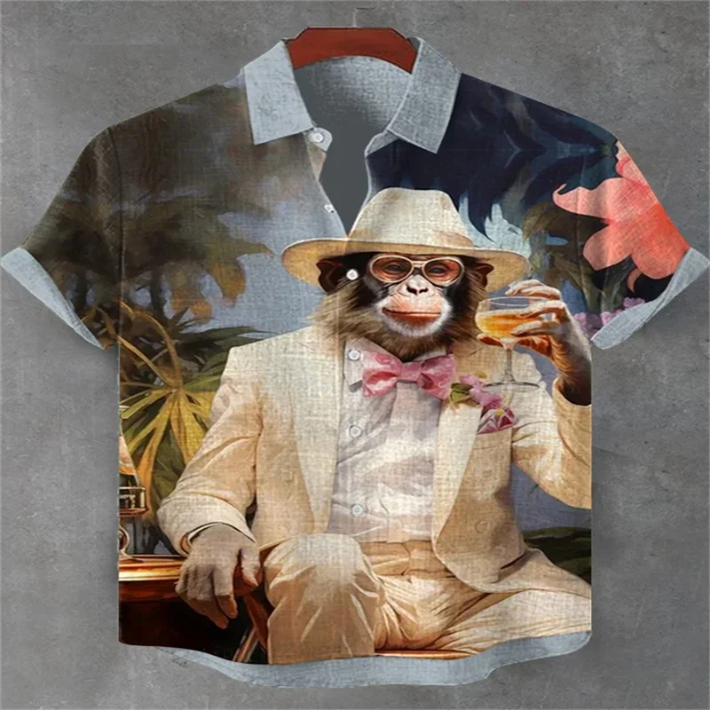 

High quality men's short sleeved animal monkey king printed shirt, men's beach refreshing Hawaiian art fashion shirt