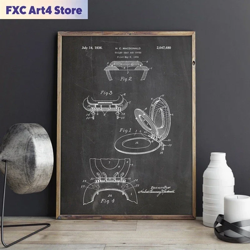 Rahmenloser Toilettensitz, Patent-Entwurf, Vintage-Poster und Drucke, Badezimmer-Wandkunst, Leinwandgemälde, ideales Geschenk, Bild für Badezimmer