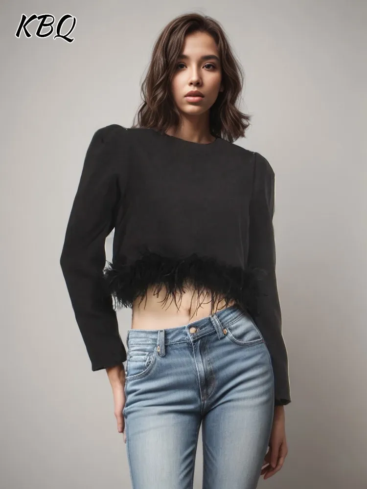 

KBQ Spliced Feathers Elegant Black T Shirt For Women Round Neck Long Sleeve Patchwork Zipper Loose Casual Tops Female Clothing