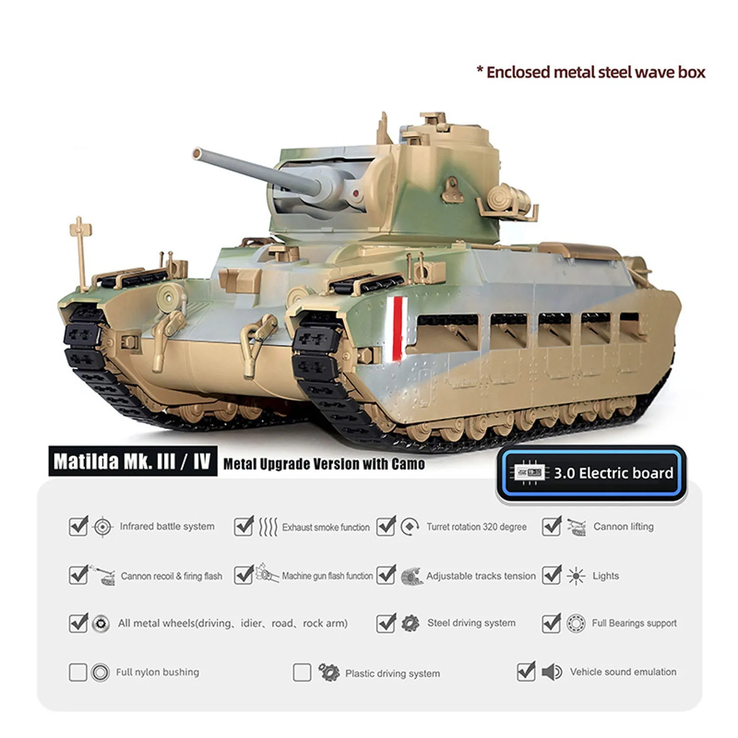 Système infrarouge Tongde RC Tank 1/16 Matilda III IV 320 tourelle rotative lumières sons toutes roues métalliques batterie prête à courir