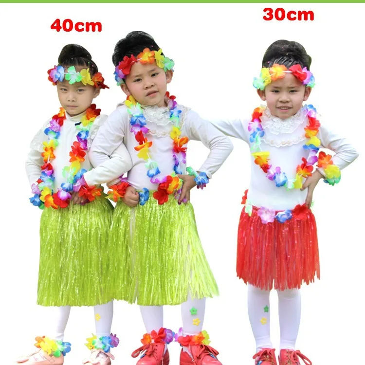 Girl's elastic Hawaiian hula dancer grass skirt with flower costume set -purple pink green Birthday Tropical Party Decora 40cm