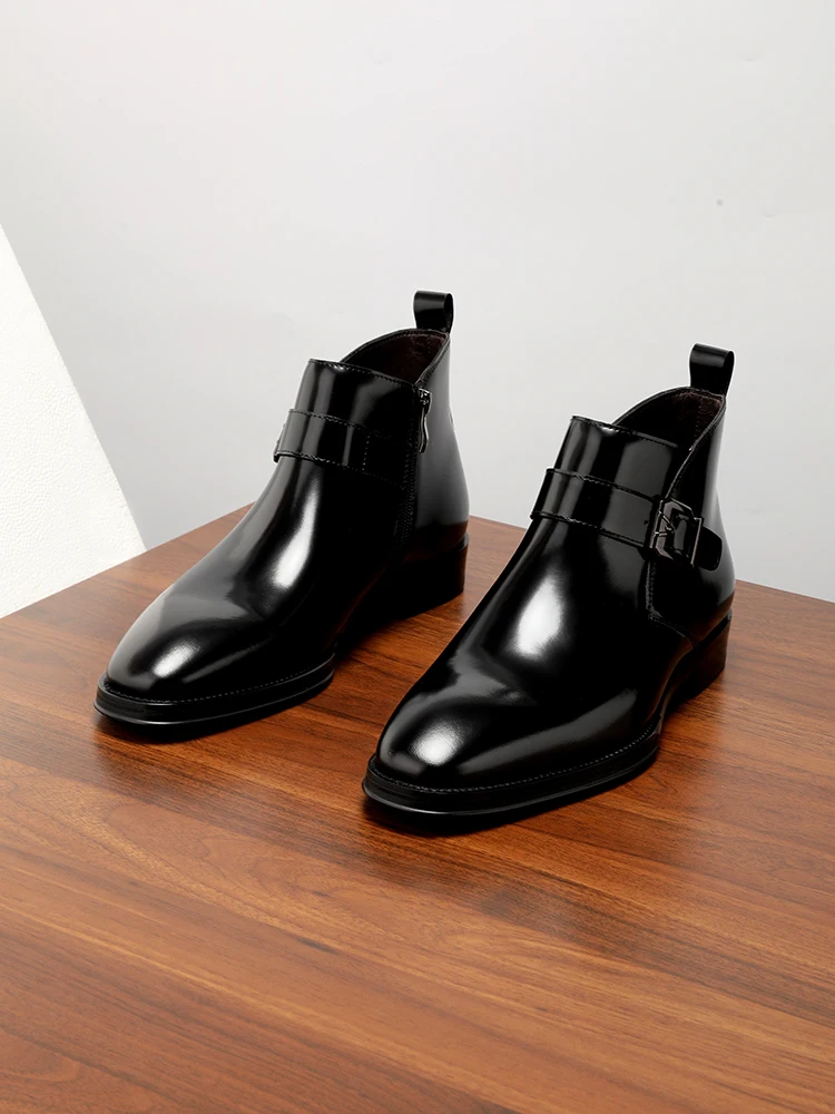 New Business Formal Chelsea Boots, First-layer Cowhide High-top Pointed Glossy Short Boots Fashionable Men's Shoes view 5