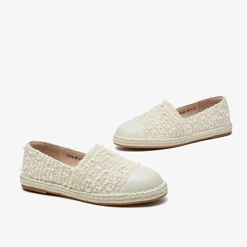 BeauToday mieszkania kobiety kożuch tkaniny kraty okrągłe Toe Slip On tkanina w kratę tkane słomy przypadkowi buty damskie Handmade 23428