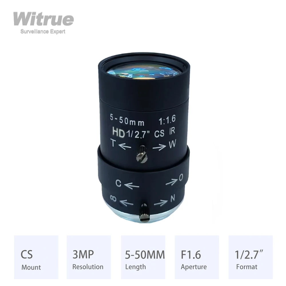 

Witrue Varifocal lens HD 3 Megapixel 5-50mm Aperture F1.6 Format 1/2.7 IR correction for Surveillance IP Cameras