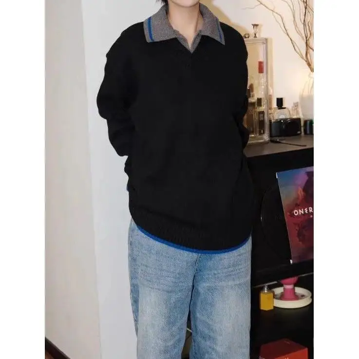 

Повседневный американский свитер с воротником-стойкой, свободного кроя, мужской базовый слой, топ для пар, модный городской вязаный джемпер из полиэстера