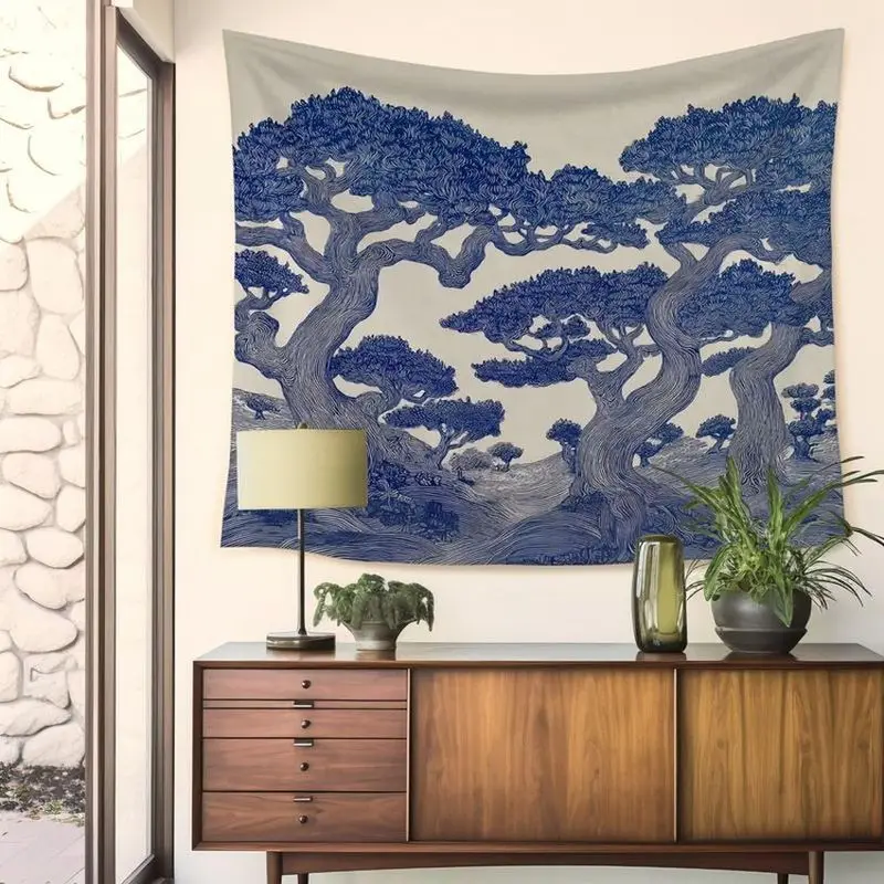VIKAMA Blue Porcelain Pine Tree Wall Tapestry White Background Japanese Ink Art Branch Forest Minimalist Oriental Zen Decor Soft