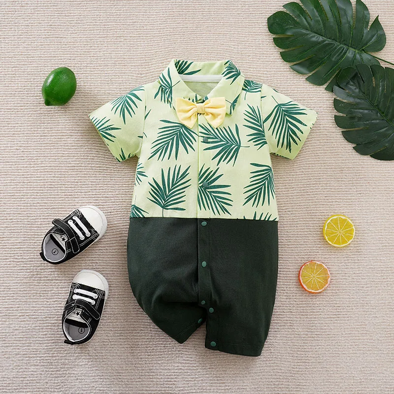 Summer Boys and Girls Cute Leaf Print Bow Tie Comfortable Casual Short Sleeve Baby Bodysuit